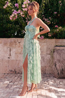 Laden Sie das Bild in den Galerie-Viewer, A-Linie Salbei-Neckholderhals Chiffon-Blumen-Midi-Kleid mit Schlitz