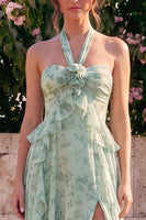 Laden Sie das Bild in den Galerie-Viewer, A-Linie Salbei-Neckholderhals Chiffon-Blumen-Midi-Kleid mit Schlitz