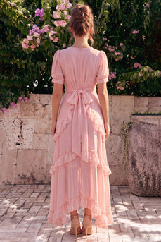 Rosa Chiffon A-Linie V-Ausschnitt Asymmetrisches Florales Midi-Kleid mit Rüschen und Puffärmeln