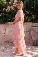Laden Sie das Bild in den Galerie-Viewer, Rosa Chiffon-A-Linie V-Ausschnitt, asymmetrisches florales Midi-Kleid mit Rüschen und Puffärmeln