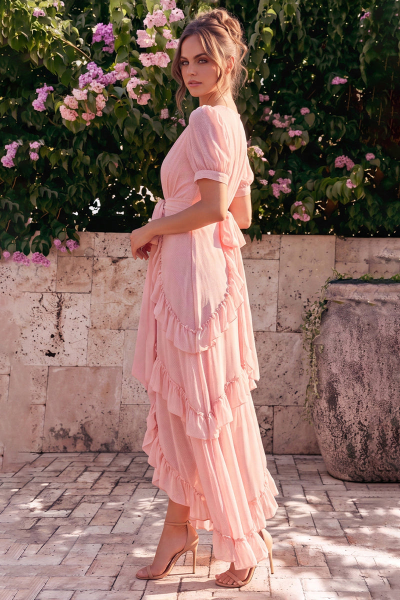 Laden Sie das Bild in den Galerie-Viewer, Rosa Chiffon-A-Linie V-Ausschnitt, asymmetrisches florales Midi-Kleid mit Rüschen und Puffärmeln