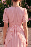 Laden Sie das Bild in den Galerie-Viewer, Rosa Chiffon-A-Linie V-Ausschnitt, asymmetrisches florales Midi-Kleid mit Rüschen und Puffärmeln