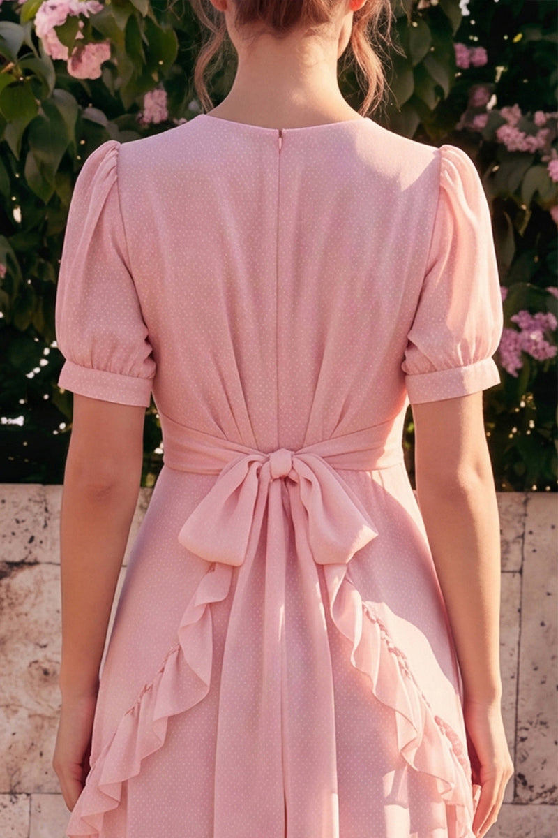 Laden Sie das Bild in den Galerie-Viewer, Rosa Chiffon-A-Linie V-Ausschnitt, asymmetrisches florales Midi-Kleid mit Rüschen und Puffärmeln