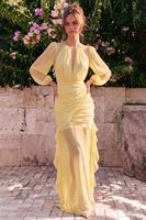 Laden Sie das Bild in den Galerie-Viewer, Narzissen-Chiffon-Meerjungfrauen-Rundhals-Rüschen-Maxikleid mit langen Ärmeln