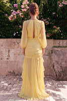 Laden Sie das Bild in den Galerie-Viewer, Narzissen-Chiffon-Meerjungfrauen-Rundhals-Rüschen-Maxikleid mit langen Ärmeln