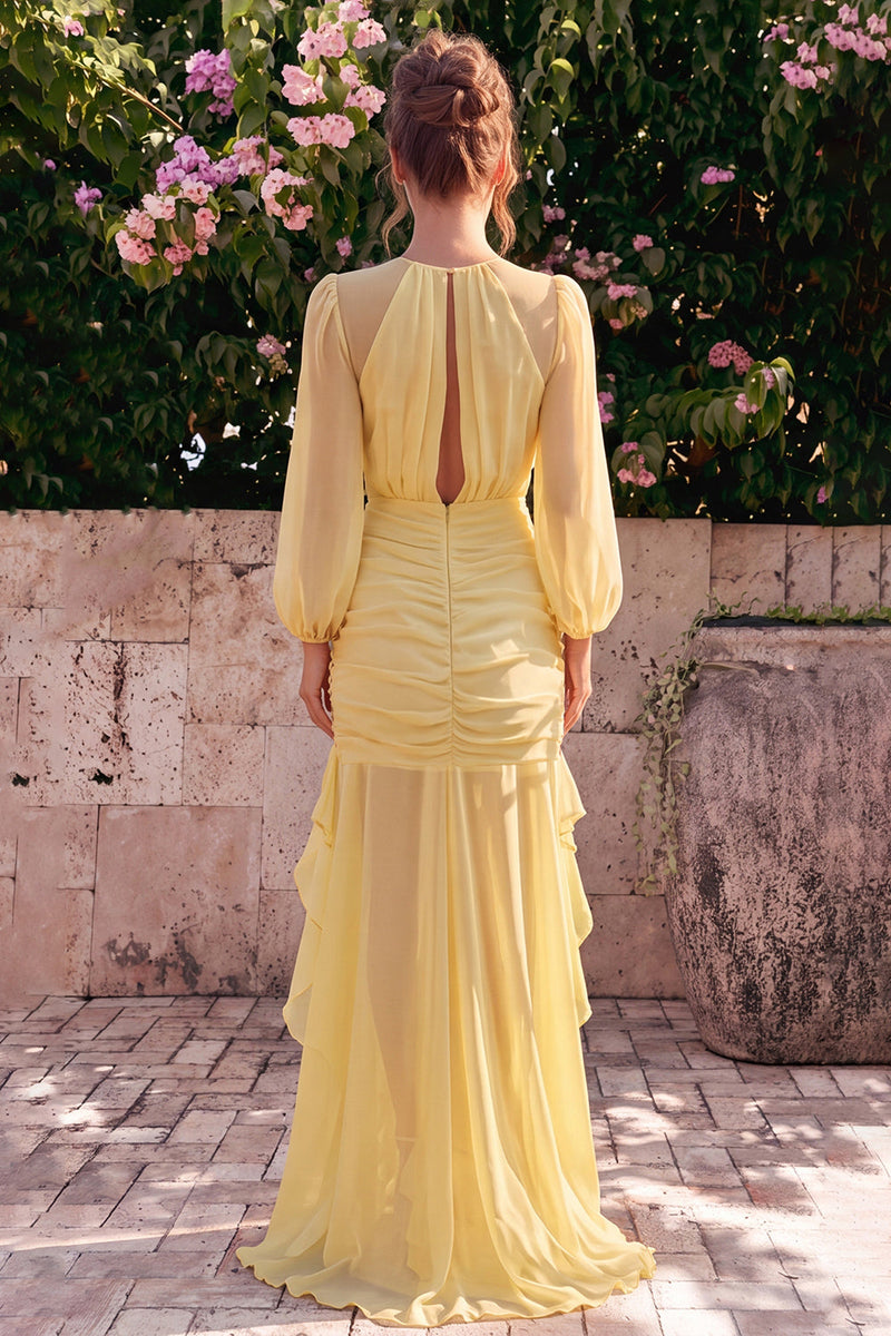 Laden Sie das Bild in den Galerie-Viewer, Narzissen-Chiffon-Meerjungfrauen-Rundhals-Rüschen-Maxikleid mit langen Ärmeln