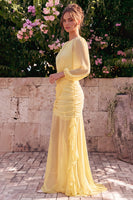 Laden Sie das Bild in den Galerie-Viewer, Narzissen-Chiffon-Meerjungfrauen-Rundhals-Rüschen-Maxikleid mit langen Ärmeln