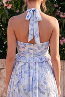 Laden Sie das Bild in den Galerie-Viewer, Neckholderhals A-Linie blaues Chiffon Midi-Kleid mit Blauf und Rüschen