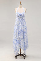 Laden Sie das Bild in den Galerie-Viewer, Neckholderhals A-Linie blaues Chiffon Midi-Kleid mit Blauf und Rüschen