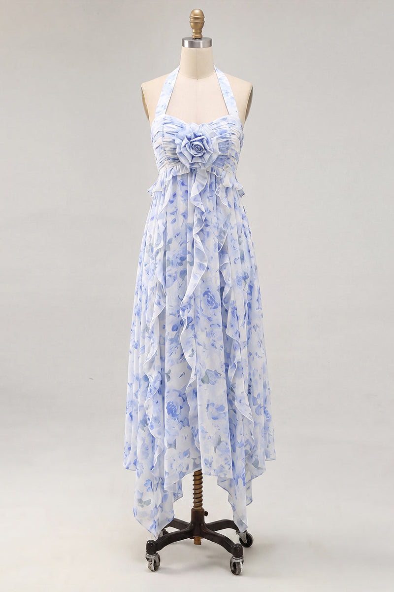 Laden Sie das Bild in den Galerie-Viewer, Neckholderhals A-Linie blaues Chiffon Midi-Kleid mit Blauf und Rüschen