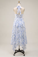 Laden Sie das Bild in den Galerie-Viewer, Neckholderhals A-Linie blaues Chiffon Midi-Kleid mit Blauf und Rüschen