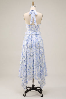 Neckholderhals A-Linie Blaues Chiffon Midi-Kleid mit Rüschen