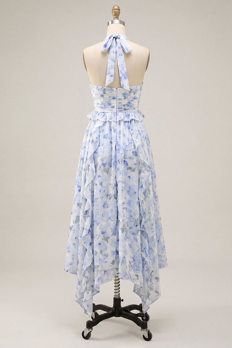 Laden Sie das Bild in den Galerie-Viewer, Neckholderhals A-Linie blaues Chiffon Midi-Kleid mit Blauf und Rüschen