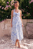 Laden Sie das Bild in den Galerie-Viewer, Neckholderhals A-Linie blaues Chiffon Midi-Kleid mit Blauf und Rüschen