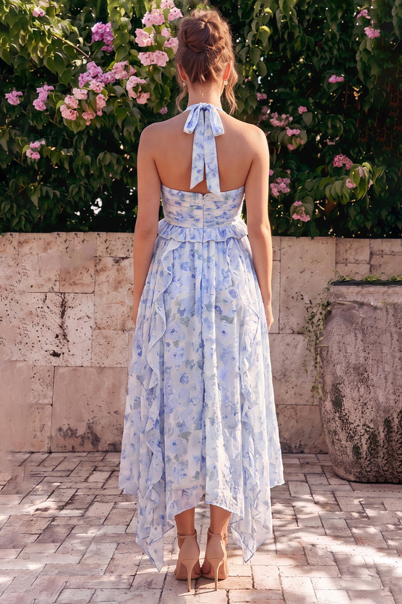 Laden Sie das Bild in den Galerie-Viewer, Neckholderhals A-Linie blaues Chiffon Midi-Kleid mit Blauf und Rüschen