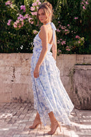 Laden Sie das Bild in den Galerie-Viewer, Neckholderhals A-Linie blaues Chiffon Midi-Kleid mit Blauf und Rüschen