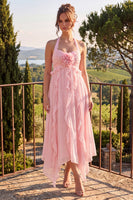 Laden Sie das Bild in den Galerie-Viewer, Neckholderhals A-Linie blaues Chiffon Midi-Kleid mit Blauf und Rüschen