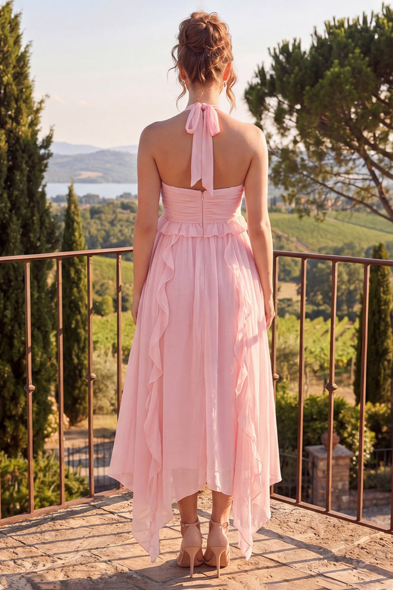 Laden Sie das Bild in den Galerie-Viewer, Neckholderhals A-Linie blaues Chiffon Midi-Kleid mit Blauf und Rüschen