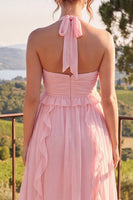 Laden Sie das Bild in den Galerie-Viewer, Neckholderhals A-Linie blaues Chiffon Midi-Kleid mit Blauf und Rüschen