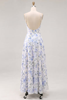 A-Linie Blaues Chiffon Spaghetti-Träger Rückenloses Maxikleid mit Rüschen