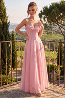 Laden Sie das Bild in den Galerie-Viewer, A-Linie blaues Chiffon-Spaghetti-Träger Rückenloses Maxikleid mit Rüschen