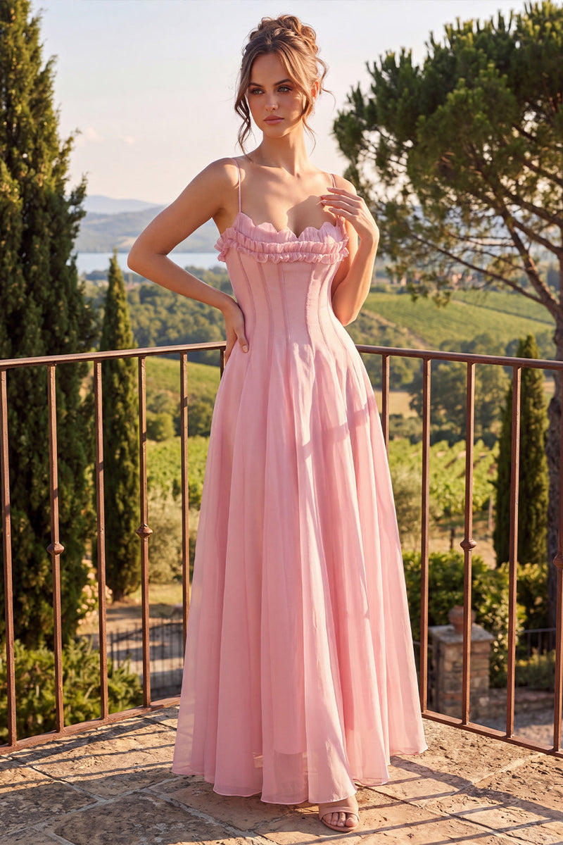 Laden Sie das Bild in den Galerie-Viewer, A-Linie blaues Chiffon-Spaghetti-Träger Rückenloses Maxikleid mit Rüschen