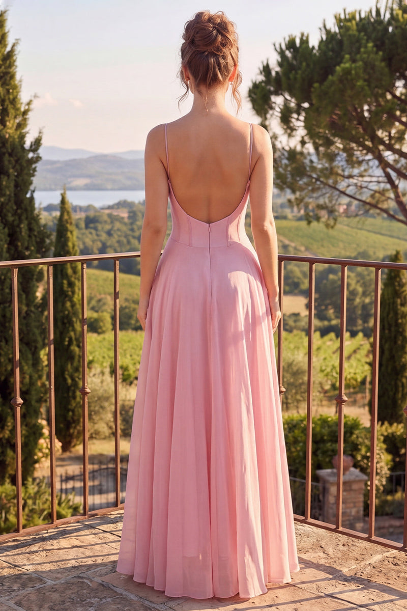Laden Sie das Bild in den Galerie-Viewer, A-Linie blaues Chiffon-Spaghetti-Träger Rückenloses Maxikleid mit Rüschen