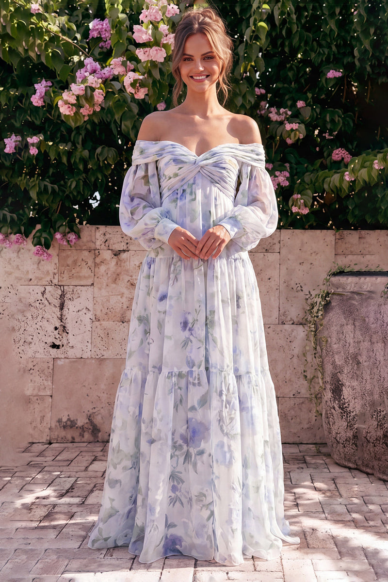 Laden Sie das Bild in den Galerie-Viewer, Off-the-shoulder blaues Chiffon-Chiffon A-Linie Maxikleid mit langen Ärmeln