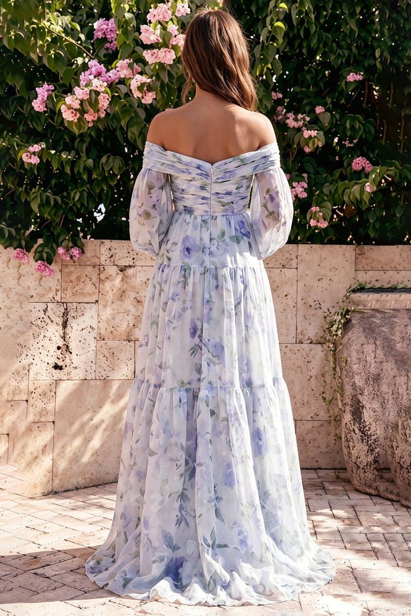 Laden Sie das Bild in den Galerie-Viewer, Off-the-shoulder blaues Chiffon-Chiffon A-Linie Maxikleid mit langen Ärmeln