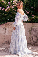 Laden Sie das Bild in den Galerie-Viewer, Off-the-shoulder blaues Chiffon-Chiffon A-Linie Maxikleid mit langen Ärmeln