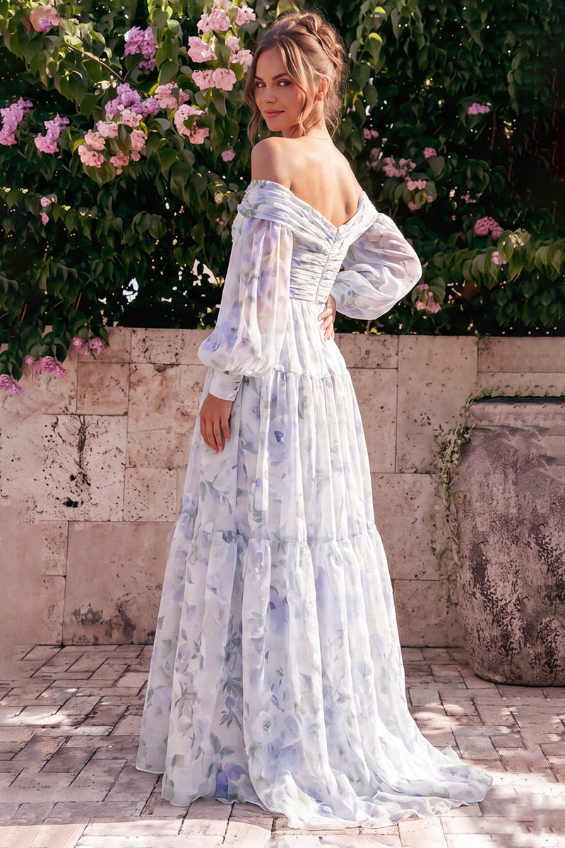 Laden Sie das Bild in den Galerie-Viewer, Off-the-shoulder blaues Chiffon-Chiffon A-Linie Maxikleid mit langen Ärmeln