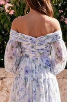 Laden Sie das Bild in den Galerie-Viewer, Off-the-shoulder blaues Chiffon-Chiffon A-Linie Maxikleid mit langen Ärmeln