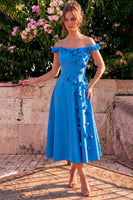 Laden Sie das Bild in den Galerie-Viewer, A-Linie blaues Midi-Kleid ohne Schulter mit 3D-Blumen