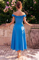 Laden Sie das Bild in den Galerie-Viewer, A-Linie blaues Midi-Kleid ohne Schulter mit 3D-Blumen