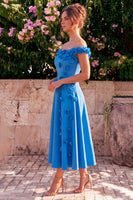 Laden Sie das Bild in den Galerie-Viewer, A-Linie blaues Midi-Kleid ohne Schulter mit 3D-Blumen