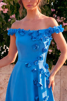 Laden Sie das Bild in den Galerie-Viewer, A-Linie blaues Midi-Kleid ohne Schulter mit 3D-Blumen