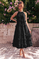 Laden Sie das Bild in den Galerie-Viewer, Hellblaues Neckholderhals-A-Linien-Midi-Kleid mit 3D-Blumen