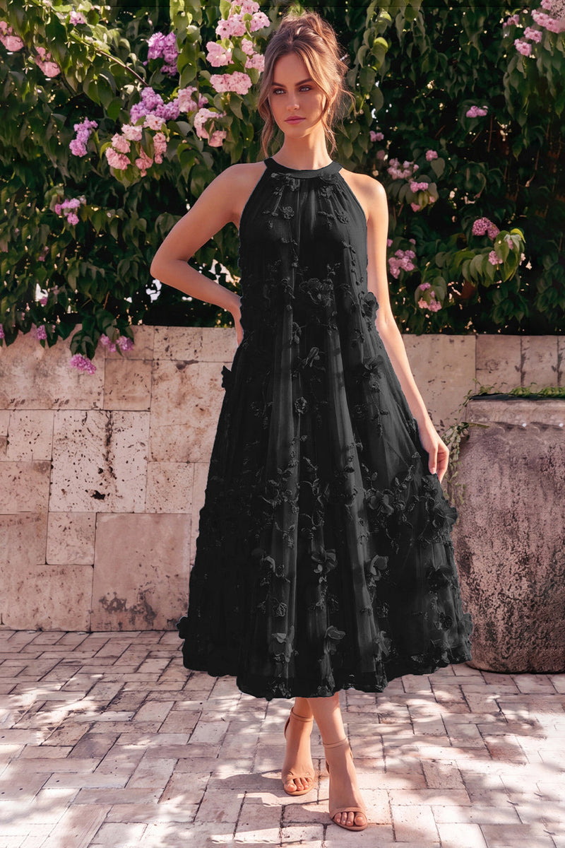 Laden Sie das Bild in den Galerie-Viewer, Hellblaues Neckholderhals-A-Linien-Midi-Kleid mit 3D-Blumen