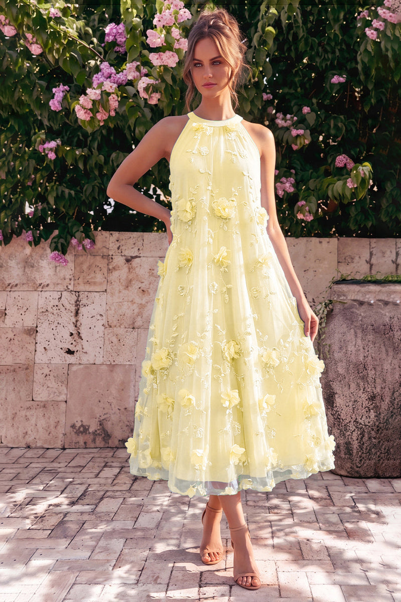 Laden Sie das Bild in den Galerie-Viewer, Hellblaues Neckholderhals-A-Linien-Midi-Kleid mit 3D-Blumen