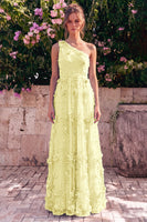Laden Sie das Bild in den Galerie-Viewer, Ein Schulter-Lightblau-A-Linien-Maxikleid mit 3D-Blumen