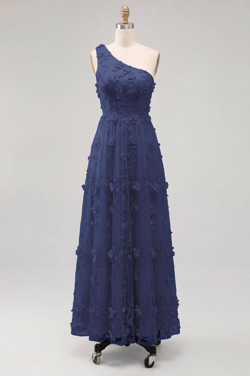 Laden Sie das Bild in den Galerie-Viewer, Ein Schulter-Lightblau-A-Linien-Maxikleid mit 3D-Blumen
