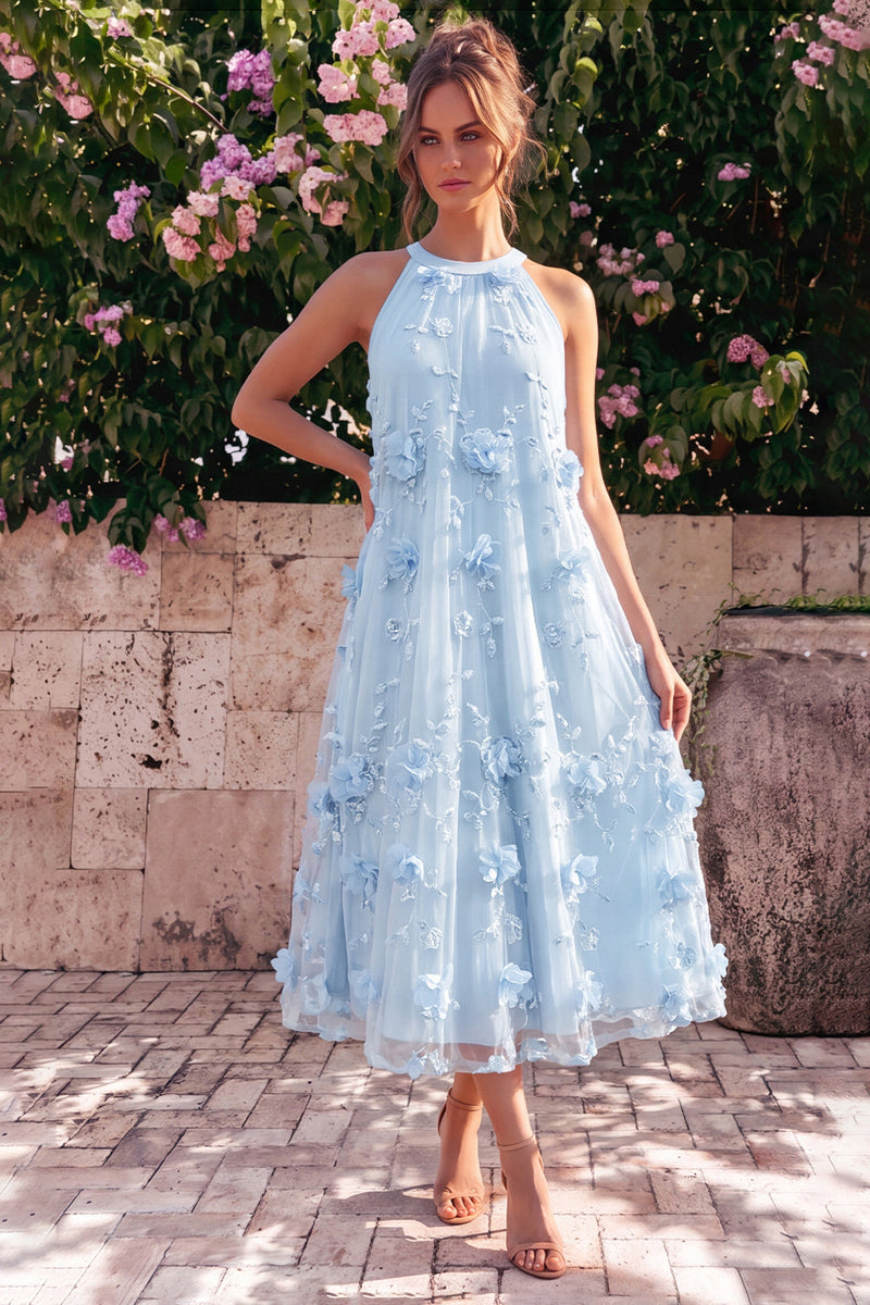 Laden Sie das Bild in den Galerie-Viewer, Hellblaues Neckholderhals-A-Linien-Midi-Kleid mit 3D-Blumen