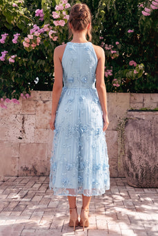 Hellblaues Neckholderhals A-Linie Midi-Kleid mit 3D-Blumen