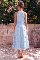 Laden Sie das Bild in den Galerie-Viewer, Hellblaues Neckholderhals A-Linie Midi-Kleid mit 3D-Blumen