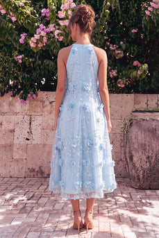 Hellblaues Neckholderhals A-Linie Midi-Kleid mit 3D-Blumen