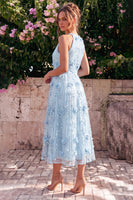 Laden Sie das Bild in den Galerie-Viewer, Hellblaues Neckholderhals-A-Linien-Midi-Kleid mit 3D-Blumen