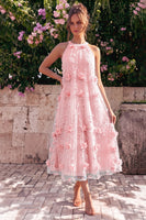 Laden Sie das Bild in den Galerie-Viewer, Hellblaues Neckholderhals-A-Linien-Midi-Kleid mit 3D-Blumen