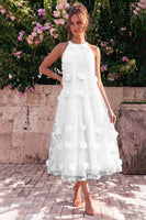 Laden Sie das Bild in den Galerie-Viewer, Hellblaues Neckholderhals-A-Linien-Midi-Kleid mit 3D-Blumen