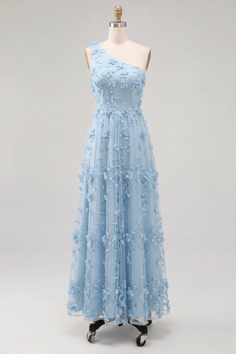 Laden Sie das Bild in den Galerie-Viewer, Ein Schulter-Lightblau-A-Linien-Maxikleid mit 3D-Blumen