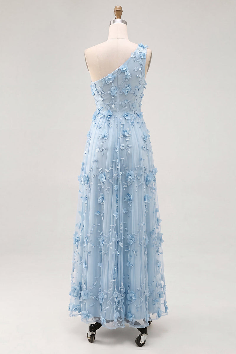 Laden Sie das Bild in den Galerie-Viewer, Ein Schulter-Lightblau-A-Linien-Maxikleid mit 3D-Blumen